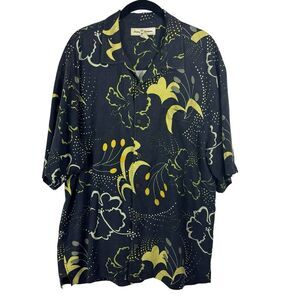 Tommy Bahama Camp Shirt 100% Silk Short‎ Sleeve Floral Black Yellow Size L